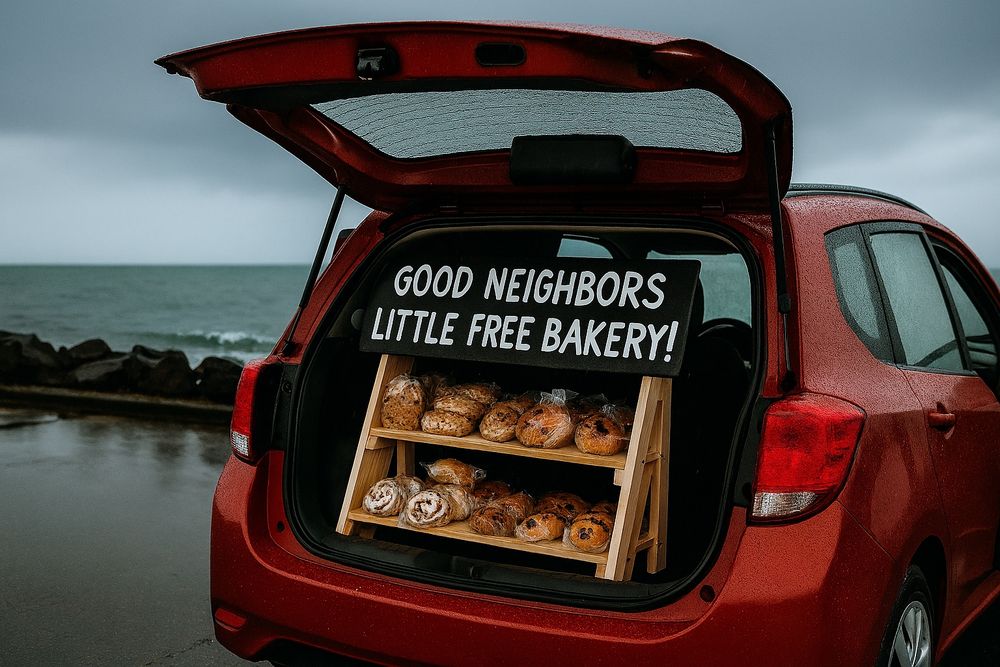 Red car is parked by ocean with back door open showing a sign and baked goods stacked on a small shelf. Skies are cloudy and it’s raining lightly. 