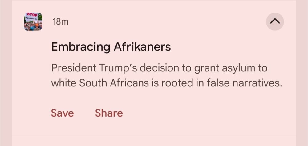 New York times headline reading: Embracing Afrikaners
 President Trump's decision to grant asylum to white South Africans is rooted in false narratives.