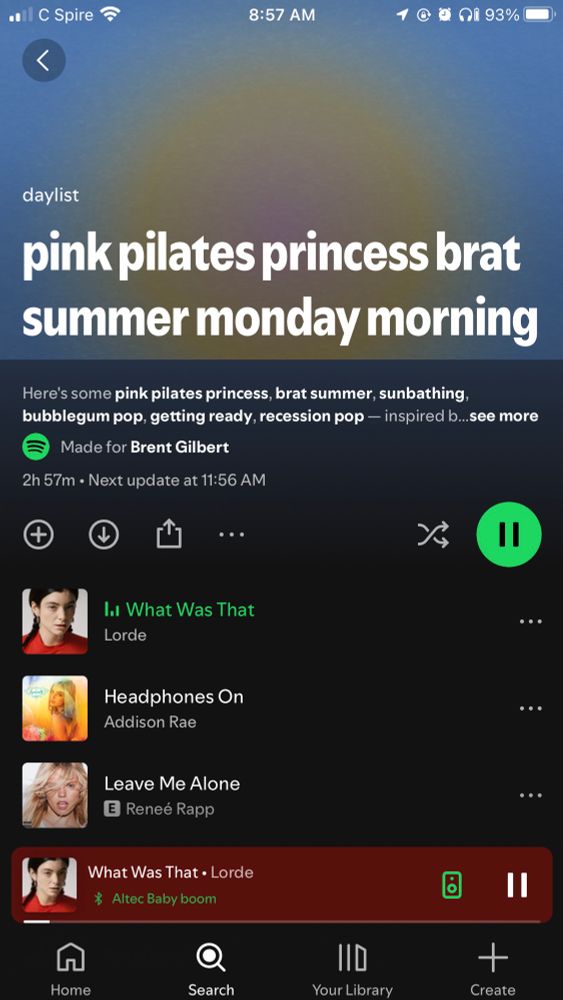 Spotify playlist labeled 'pink pilates princess brat summer Monday morning'