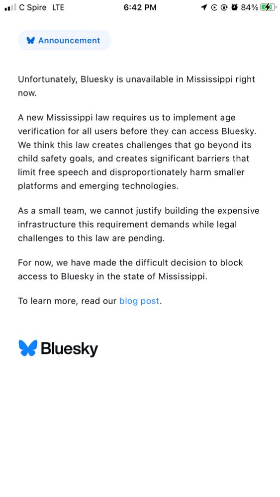 screenshot saying that Bluesky is blocked in Mississippi, but I live in Tennessee..