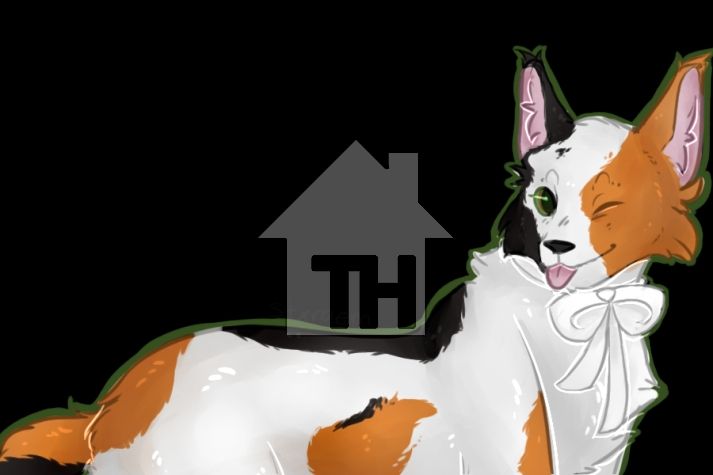 An art piece of a calico bobcat with hazel eyes and a bowtie. She is winking and sticking her tongue out.