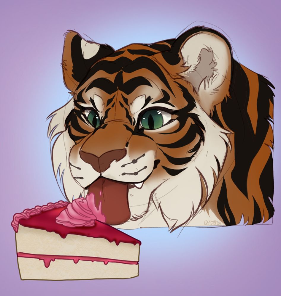 Digital drawing of a tiger with green eyeslicking icing off of a berry Cake. The expression is happy, you can see the tiger's tongue sticking out, there's a purple background and the cake is yellow with reddish-pinkish frosting and glaze. It's STUNNING and made by Ghost!