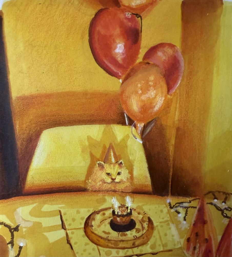 ochre-themed original art by meemow - an orange cat with a birthday party hat sits in a big chaira  table with a small cake with lit candles. There's orange and red balloos in the corner and watermelon peeking to the side. IT'S SO CUTE OMG HELP