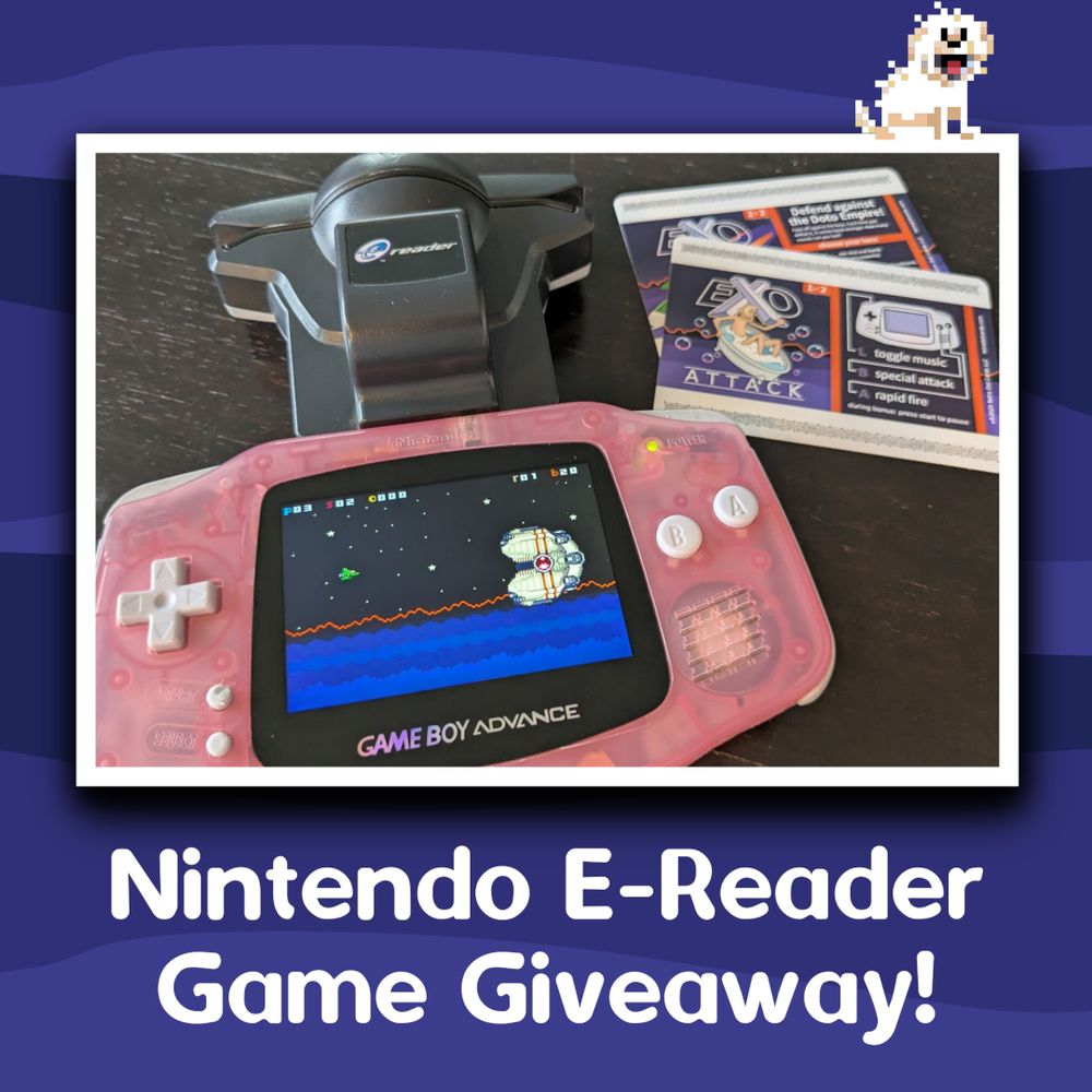 A picture of a Game Boy Advance with an e-Reader inserted into it. The game Exo Attack is playing on the Game Boy. Exo Attack cards are off to the right. The caption says "Nintendo E-Reader Game Giveaway!"