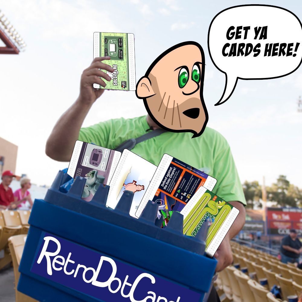 A photoshopped image showing the Jeff character as a vendor at a stadium selling cards. He has a box in front of him full of cards, and is saying "get ya cards here!"