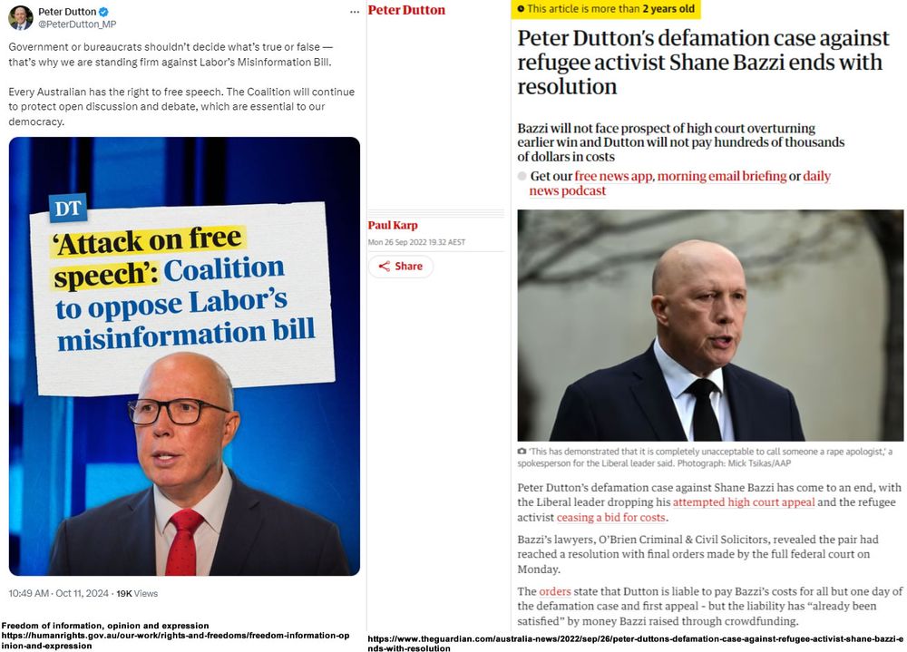 Peter Dutton posts, "Government or bureaucrats shouldn’t decide what’s true or false — that’s why we are standing firm against Labor’s Misinformation Bill.

Every Australian has the right to free speech. The Coalition will continue to protect open discussion and debate, which are essential to our democracy."

A screenshot of The Guardian, Peter Dutton’s defamation case against refugee activist Shane Bazzi ends with resolution.