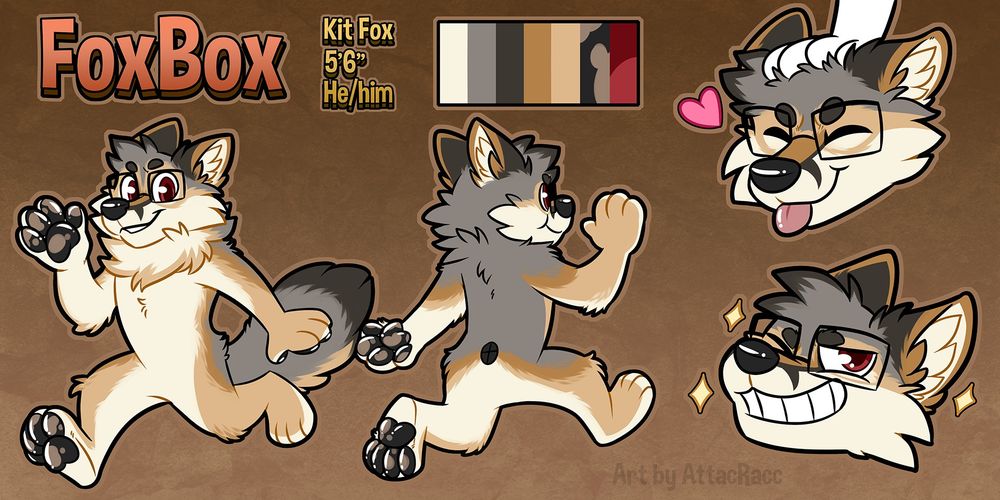 Reference of my sona. Kit fox with primarly Grey and tan colors. Black beans with brown splotches (in no specific pattern). Wears square framed glasses.