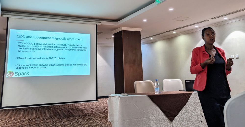 Dr Mekdes presents findings of the evaluation of the CIDD tool that aims to improve community identification of developmental disabilities and encourage help seeking.