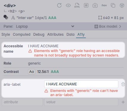 Part of the Polypane Elements panel with a div selected, focused on the "A11y" tab. The "accessible name" and "aria-label" fields are highlighted and both have an error message. The "Accessible name" error reads "Elements with a generic role having an accessible name is not broadly supported by screen readers" and the "aria-label" error reads "Elements with generic role can't have an aria-label".