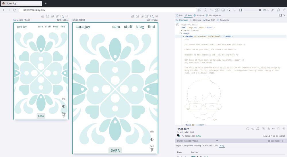 Polypane showing two mobile panes showing sarajoy.dev. The elements panel is visible, and an HTML comment showing an ASCII representation of Sara is visible.