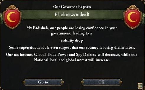 screenshot from EU4 following the death of a monarch level ruler:
Black news indeed!
My Padishah (cultural specific titles depending on what nation the player is), our people are losing confidence in your government, leading to a stability drop! Some superstitious fools even suggest that our country is losing divine favor.
Our tax income, Global Trade Power and Spy Defense will decrease while our national local and global unreat will increase.