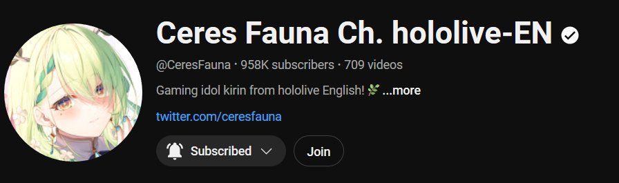 Screenshot of Ceres Fauna from Hololive Promise's Youtube channel, displaying that she is at 958 thousand subscribers.