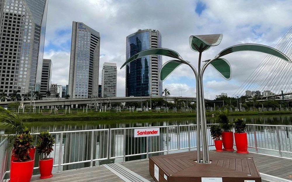 Imagem de deck flutuante sobre o Rio Pinheiros, contendo uma palmeira, bananeira, ou sabe Deus o que caralho, artificial, e alguns vasos com plantas sendo submetidas a tortura.