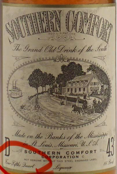 Vintage Southern Comfort label with phrase “Four Fifths Quart” in script circled in red. 