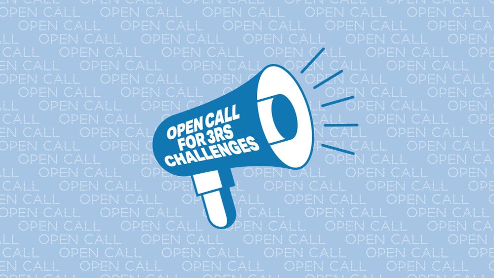Megaphone icon with text 'Open call for 3Rs Challenges'.