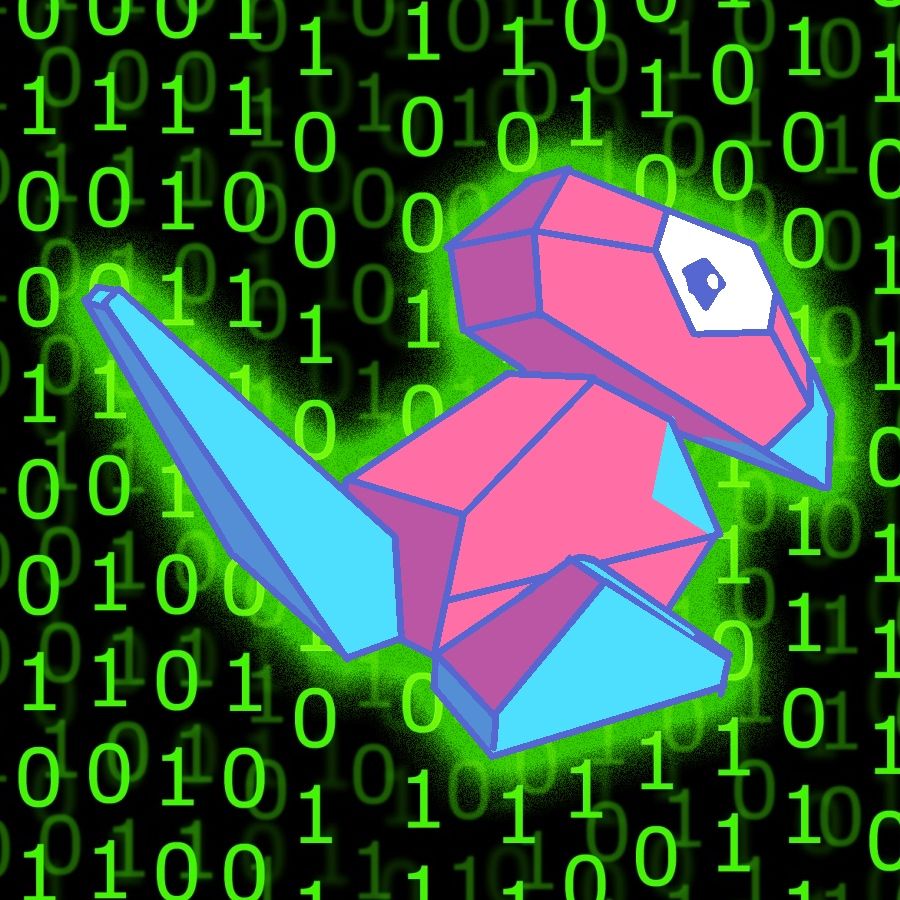 A Porygon seen from a behind angle, looking at the viewer out of the corner of their eye. The Porygon is in a space full of green ones and zeros and a black background. 