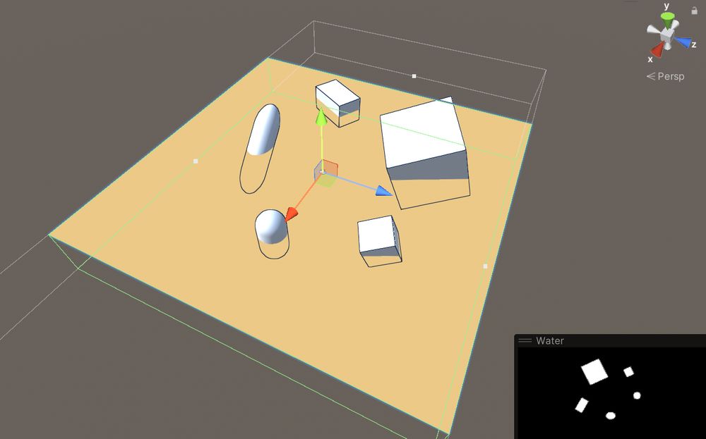 Screenshot from the Unity Editor, using a clipping camera setup to render the intersection of the objects in the water.