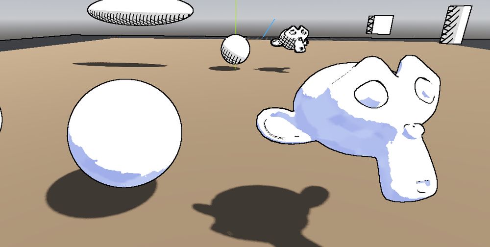 A screenshot from the Godot engine editor. A sphere and the Blender Suzanne monkey are seen with a watercolor shading effect.
In the background the same two objects are seen with a crosshatching shader.