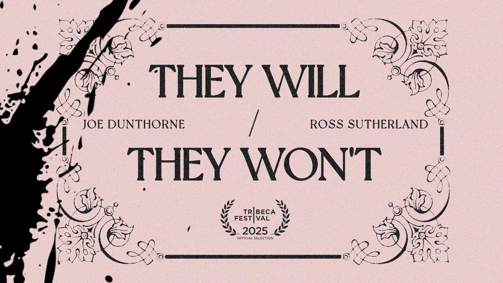 Cover art for THEY WILL / THEY WON'T. A wedding invite spattered with black ink. Written by Joe Dunthorne and Ross Sutherland
