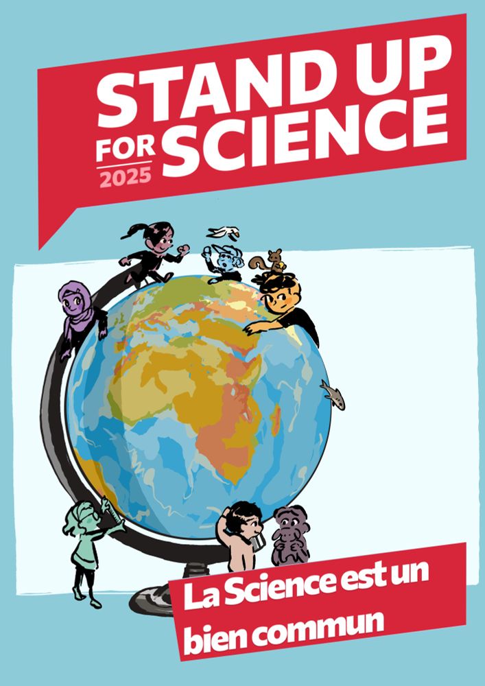 Flyer libre de droit pour le mouvement stand up for science. Des enfants sont dessinés jouant autour d’un globe.