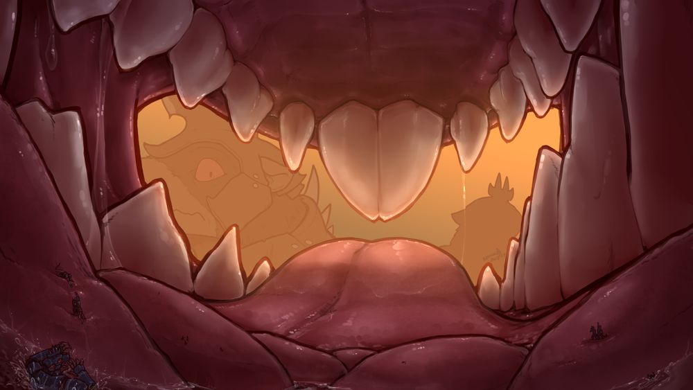 POV of within a Skaven mouth, looking out at a couple of other Stormvermin. Within, many tiny Stormvermin struggle to reach safety on tastebuds.