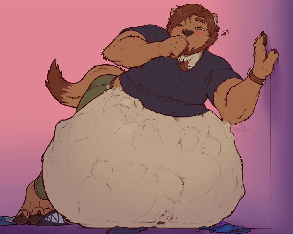 A big stoat braces himself on the wall, belching into his hand while his massive squirming gut spills to the floor.