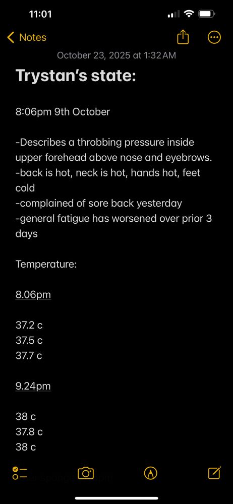A screenshot of a note taken on the 9th of October, text reads:


Trystan’s state:

8:06pm 9th October

-Describes a throbbing pressure inside upper forehead above nose and eyebrows. 
-back is hot, neck is hot, hands hot, feet cold
-complained of sore back yesterday 
-general fatigue has worsened over prior 3 days 

Temperature: 

8.06pm 

37.2 c
37.5 c
37.7 c

9.24pm

38 c 
37.8 c
38 c
