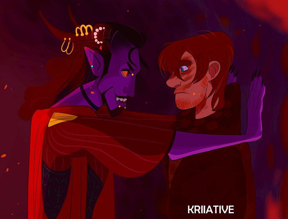 A purple tiefling (Mollymauk) has a red haired human man pinned to a wall. The art is highly saturated with red and purple. Mollymauk has jewels and piercings on his horns and face and looks smug and threatening/promising. Caleb has a muddy, unshaved, face and an unimpressed look. 