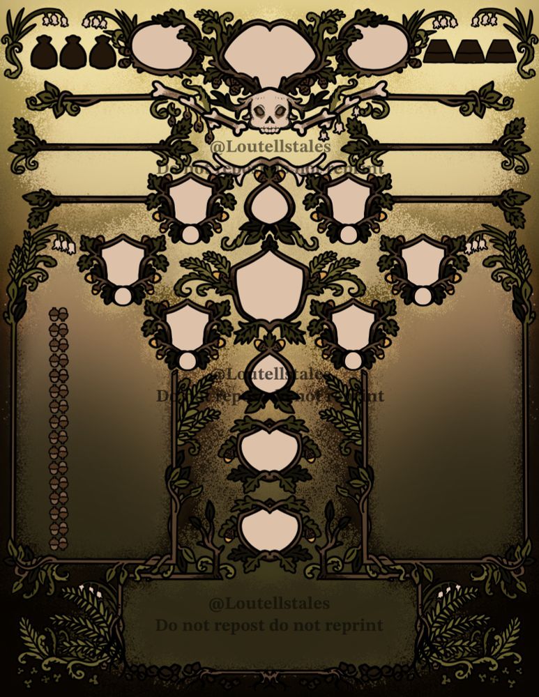 A dnd character sheet with a woodland gothic theme. Lots of ferns, acorns, Druid, death, autumnal energy. 