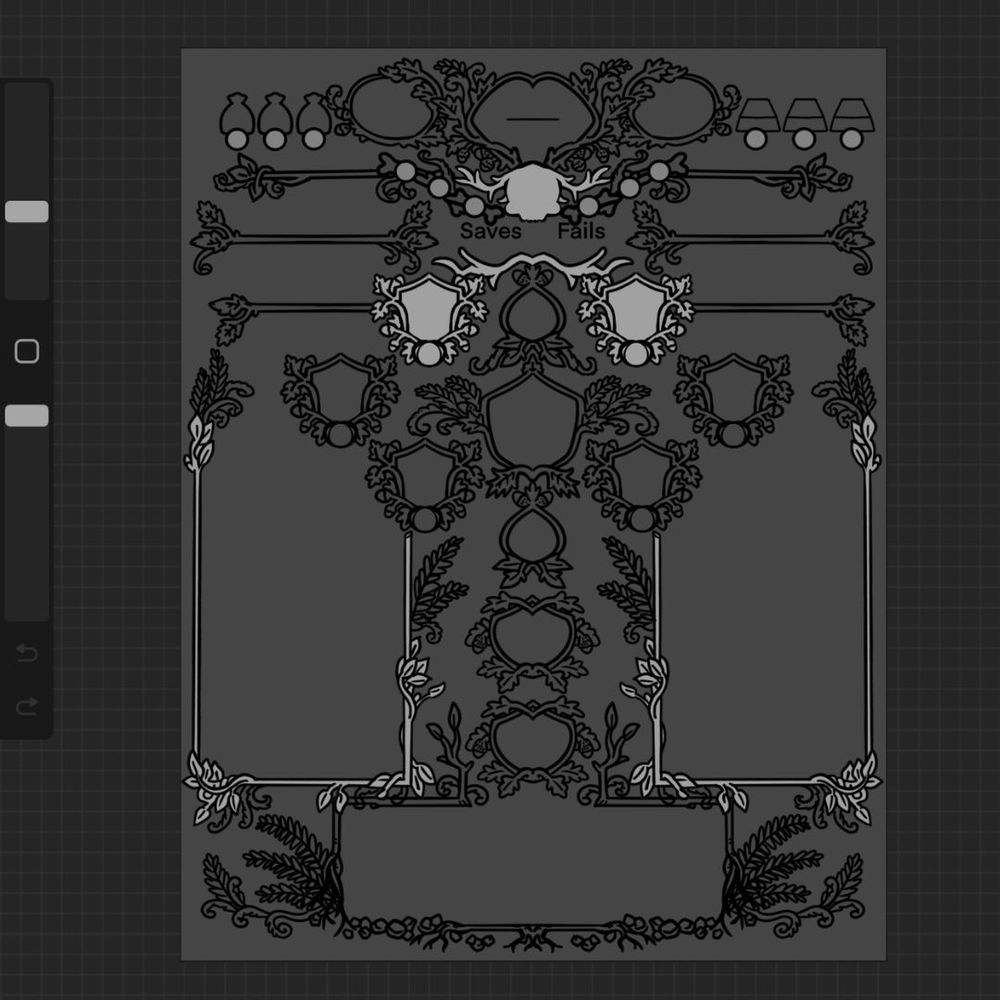 A greyscale screenshot of a dnd character sheet designed in a woodland theme in procreate. 