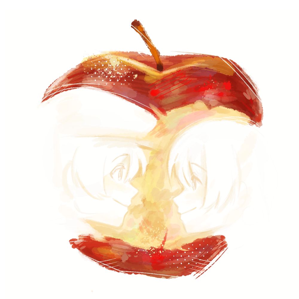 Vocaloid Oliver and Kaai Yuki facing each other in the silhouette of an apple