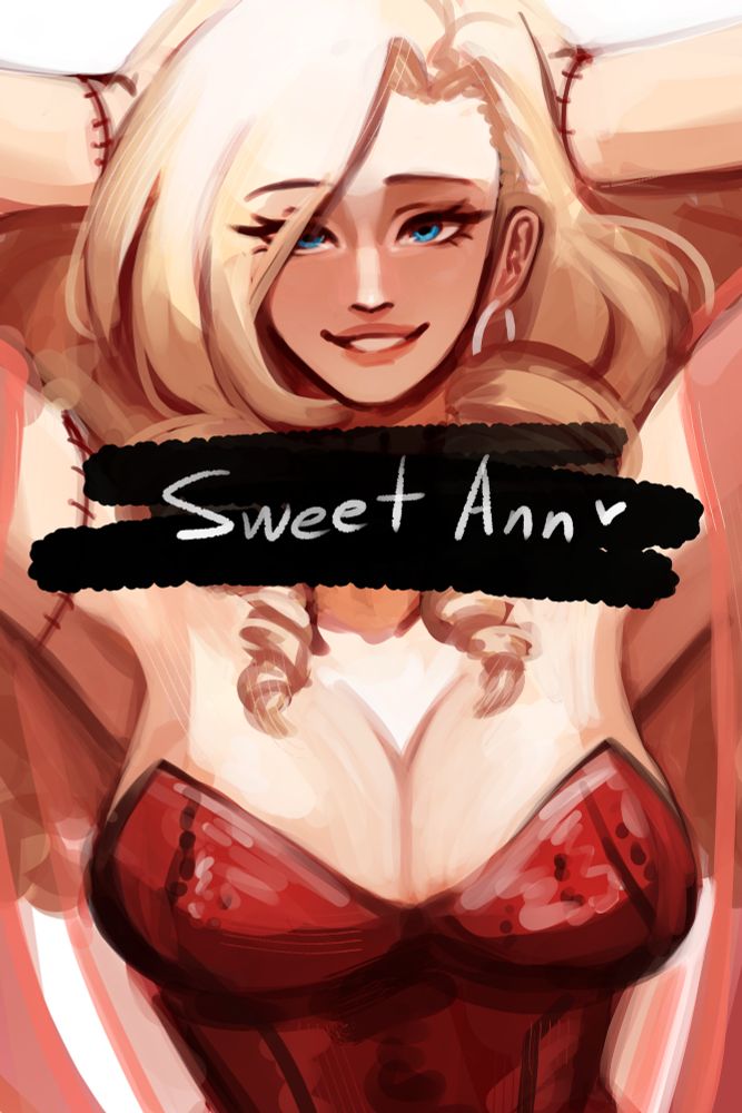 Vocaloid Sweet Ann holding her head up, a censor bar is covering her open wound.
