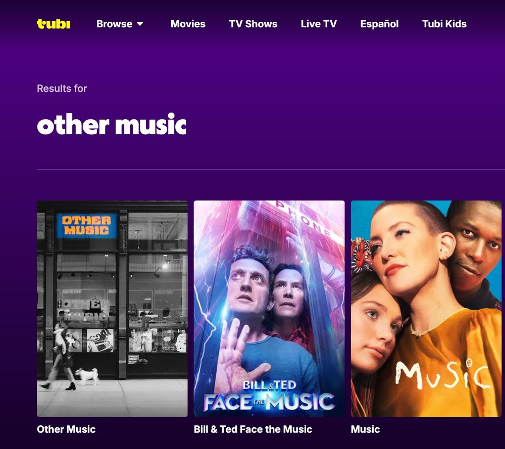 Other music featured on Tubi website along with Bill & Ted Face The Music - now streaming 