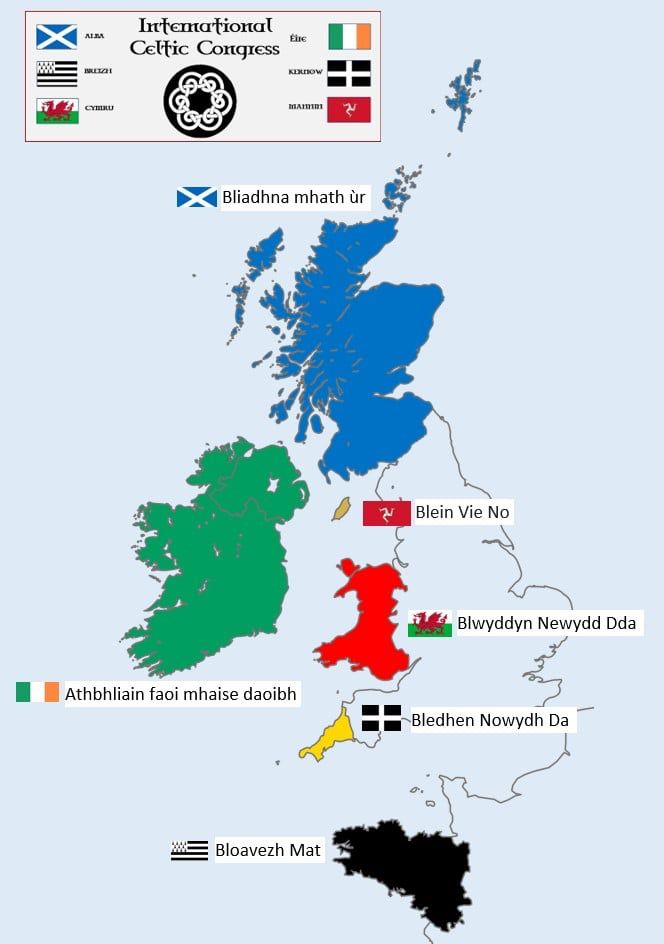 Bliadhna mhath ûr
Blein Vie No
Blwyddyn Newydd Dda
Athbhliain faoi mhaise daoibh
Bledhen Nowydh Da
Bloavezh Mat