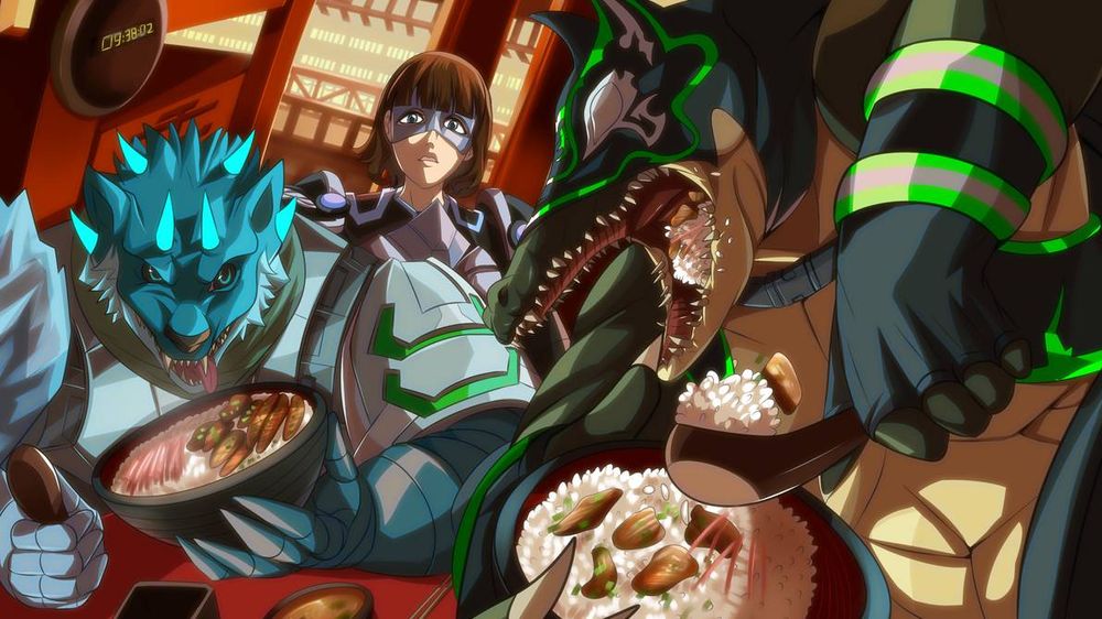 Gator Gar vs Eumist in a food eating contest over gyudon, and Torque in the back being appalled by the both of them.  Artwork is by Daigokunart on Deviantart.