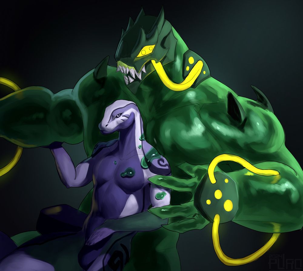 An artwork of a white snake leaning back against his green slime golem, with slime covering parts of the snake that is cleaning the snake’s scales.