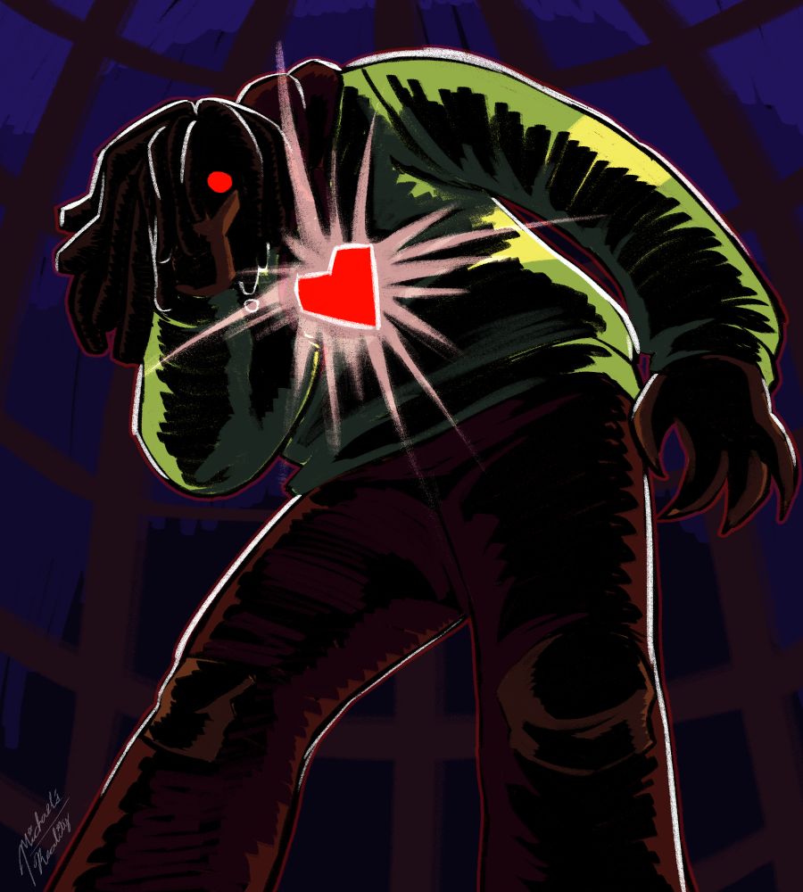 A digital painting of Kris Dreemurr from Deltarune. They stand tall above the camera with a warped perspective shot from below as they lean over and look down at the camera. Kris grips their head with their face dripping in darkness, as a single red eye peaks through. The painting is backlit and mostly shaded with black, casting dramatic shadows all over the subject of the piece. Kris's soul is a bright red heart that shines brightly from their chest. The background of the image is a sketchy gradient, going from a dark blue to a lighter blue, with cage bars going across, in front of it.