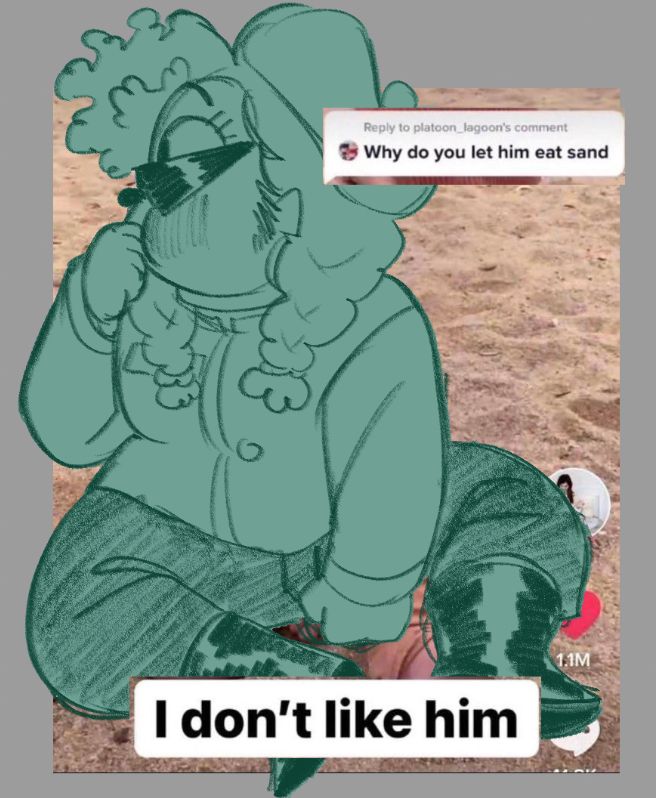 A digital sketch of Alexei from Great God Grove drawn over the tiktok screenshot of the white baby eating sand. The comment over the video says "why do you let him eat sand?" and the caption says "I don't like him."