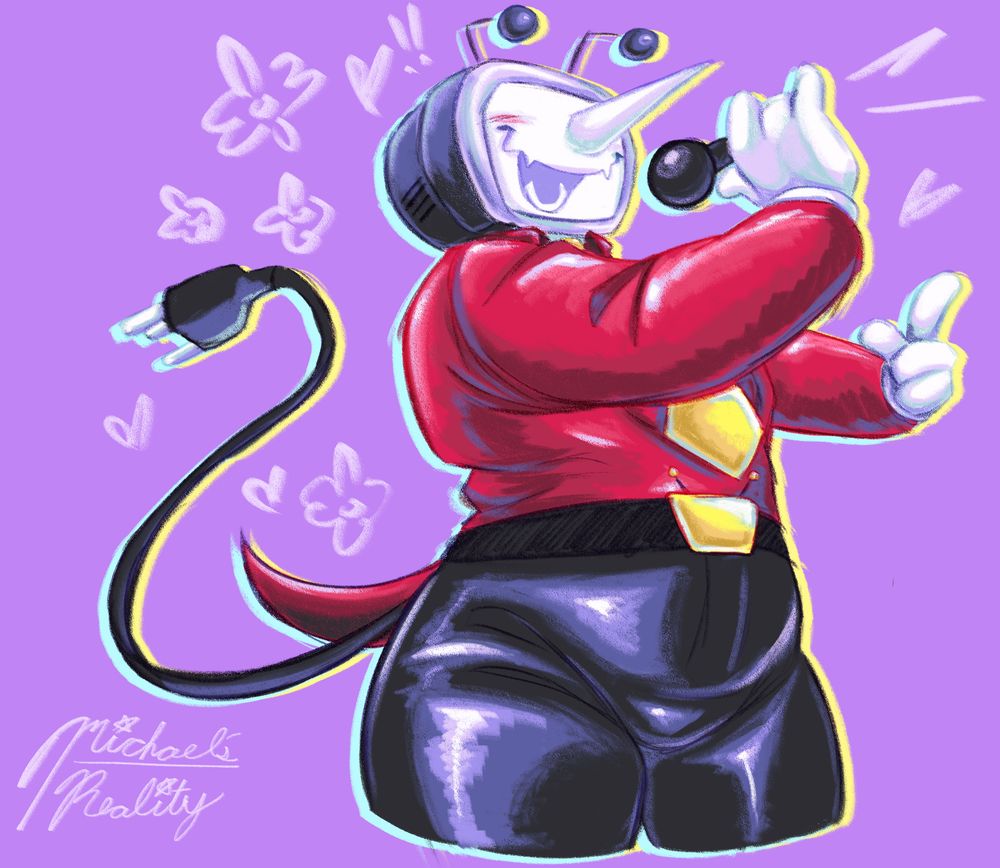 A fully rendered sketch of Tenna from Deltarune. He stands at a 3/4ths angle and holds a microphone up to his mouth with his right hand and points at the camera with his left. He has a big radiant smile on his face, with fangs. He also has a wire plug tail and it's of note that he is fatter than his canon sprites.
