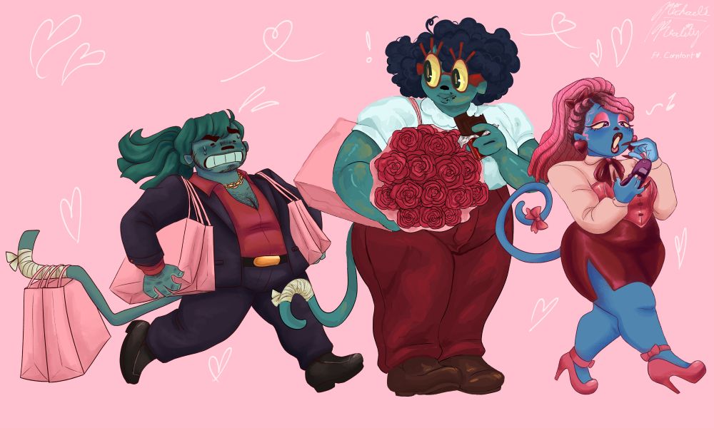 A digital drawing of Capochin, Hector, and Vibiano from Great God Grove. They're all wearing special Valentine's day outfits as they look like they're on a date with each other. Vibiano struts in front of all of them while checking her lipstick using the reflection of her flip phone screen, wearing a flow-y white shirt with a red bow tied at the neck, a short red pencil skirt, a pink corset over the top, pink pumps with bows on the side, a bow on her tail, big red heart earrings, and her hair is done up into Pink faux locs pulled into a high ponytail with a red bow. She also has a full face of makeup with a red and pink color palette. Hector follows behind Vibiano as he looks back staring at Capochin while holding a bouquet of flowers and eating a chocolate bar. Hector wears a white shirt sleeved button up with a frilly collar, red high waisted pants, brown loafers, a pink shopping bag on this shoulder, and his hair is done up in an Afro. Capochin struggles to keep up with both Hector and Vibiano because he is holding the most amount of shopping bags on him while being the shortest one there, running behind them with sweat on his face. Capochin wears a black suit with a red shirt underneath it, not buttoned all the way to show off some cleavage and the gold chain around his neck. He also wears black loafers and has his hair tied back in a ponytail. Also Hector is rendered by @corntort making him look different than Capochin and Vibiano.