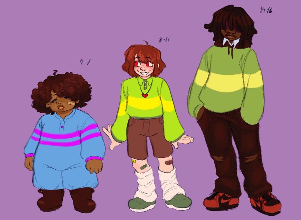 A full body lineup of the 3 humans from Undertale and Deltarune. Frisk is the shortest and fattest and wears a blue onesie with 2 purple stripes and brown rain boots. They are 4-7 years old. Chara is a head above Frisk and is a skinny 8-11 year old. They wear a long sleeved, bright green polo shirt with a yellow stripe, brown shorts, layered socks, and green slip on shoes. They have bandaids all over their legs and a heart locket around their neck. Kris is the tallest being a head above Chara and is 14-16 years old. They wear a baggy, dull green sweater with a yellow stripe over a brown hoodie, over a white button up. They have on baggy, brown, ripped jeans and red and black Jordans. 
END ID/.