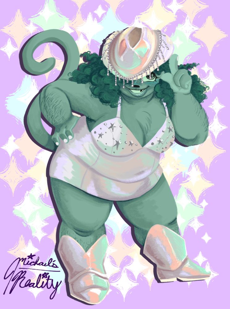 A digital painting of Patty from Great God Grove wearing a shiny, holographic cowboy hat with a studded rim with dangling rhinestones, a short, white, spaghetti strapped dress with silver stars on the cups for the chest, and shiny holographic cowboy boots. She's leaning forward in a confident pose, with one hand on her hip and the other pushing up the hat brim with one finger. She has a cheerful smirk on her face as she peaks out from behind the hat brim. Other notable details is that Patty has a missing tooth, she has curly hair, has hair on her arms and her shins, and she is a plus sized and curvy individual. END ID.