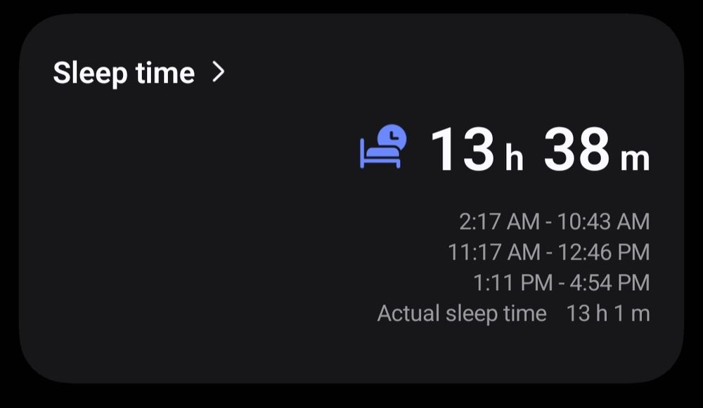 A screenshot of Samsung Health sleep tracking 
"sleep time >

13h 38m
2:17am - 10:43am
11:17am - 12:46pm
1:11pm - 4:54pm
Actual sleep time 13 h 1 m