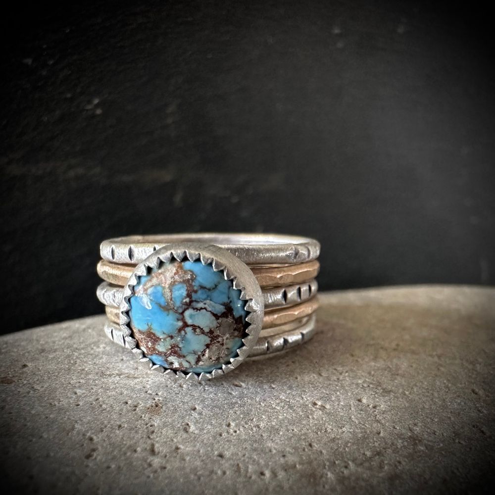 Golden Hills turquoise stacking set. 5 hand foraged rings in sterling silver and gold fill. 