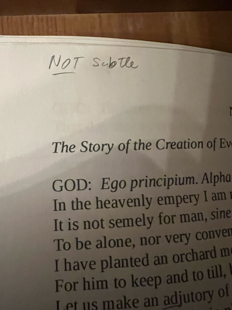 The script of a Tudor religious drama with a handwritten note at the top saying “NOT subtle”