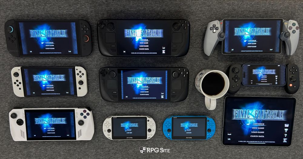 Final Fantasy IX remaster on Switch 2, Steam Deck, Steam Deck with Moguri Mod, Switch, PS Portal, iPhone, iPad Pro, and ROG Ally next to a cup of black coffee. There are also two PS Vitas running the PS One Classic FF9 because why shouldn't I? Full ff9 25th anniversary feature on RPG Site: https://www.rpgsite.net/feature/17867-final-fantasy-9-switch-vs-pc-vs-ps5-vs-xbox-vs-mobile-steam-deck-moguri-mod-features-performance-compared