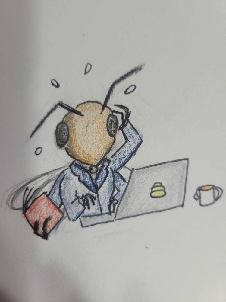 An anthropomorphic bee in a blue suit panics as they type away at a laptop with two hands while holding a red book in a third and gripping their head with a fourth. A tiny mug of tea (that's suspiciously honey-colored) sits beside them. The laptop has a beehive logo on the back, if you needed more cute.