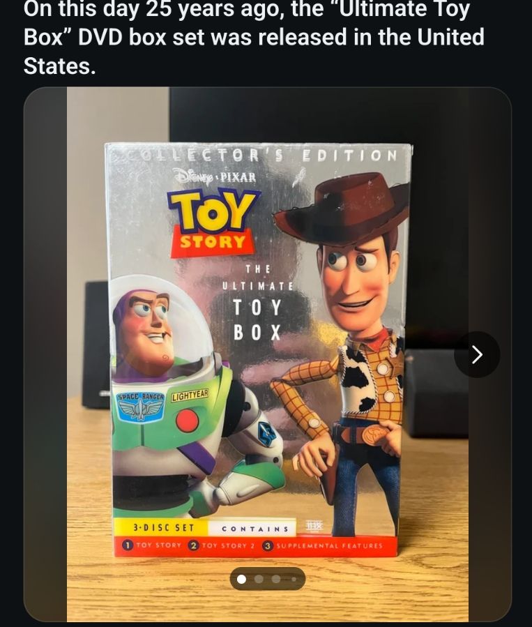 Photo of a Toy Story box set with the caption "On this day 25 years ago, the "Ultimate Toy Box" DVD box set was released in the United States."