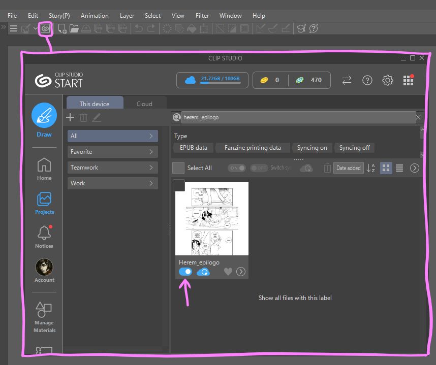 Clip Studio Paint Teamwork tips:
Open Clip Studio> Switch sync on the desired cmcFile