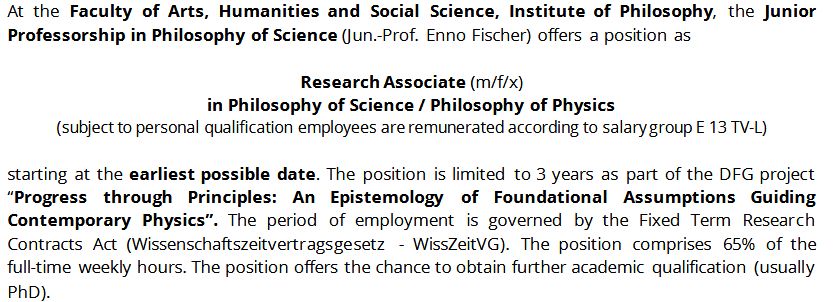 Job ad for position in DFG project: "Progress through Principles: An Epistemology of Foundational Assumptions Guiding Contemporary Physics"